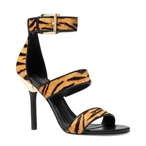 NIB Michael Kors Amal Tiger Print Calf Hair Leather Sandals in Marigold